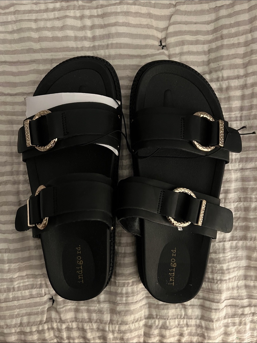 Indigo Black Double Buckle Slide Sandals